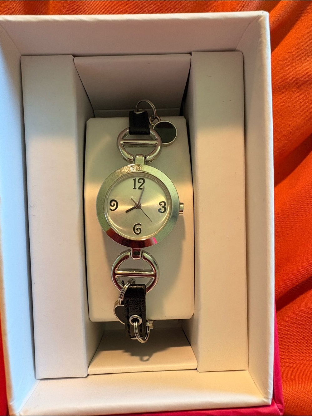Silver Dial Women's Fashion Watch with Black Leather Strap